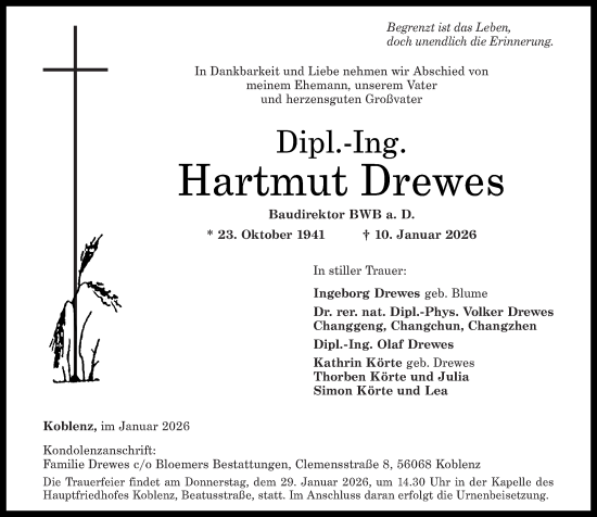 Traueranzeige von Hartmut Drewes von Rhein-Zeitung