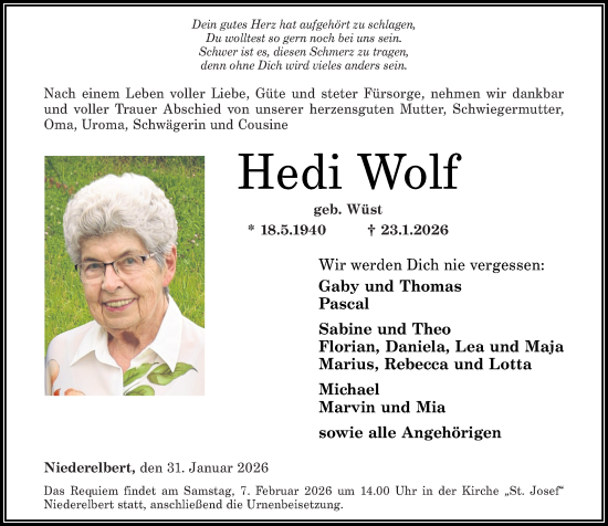 Traueranzeige von Hedi Wolf von Westerwälder Zeitung