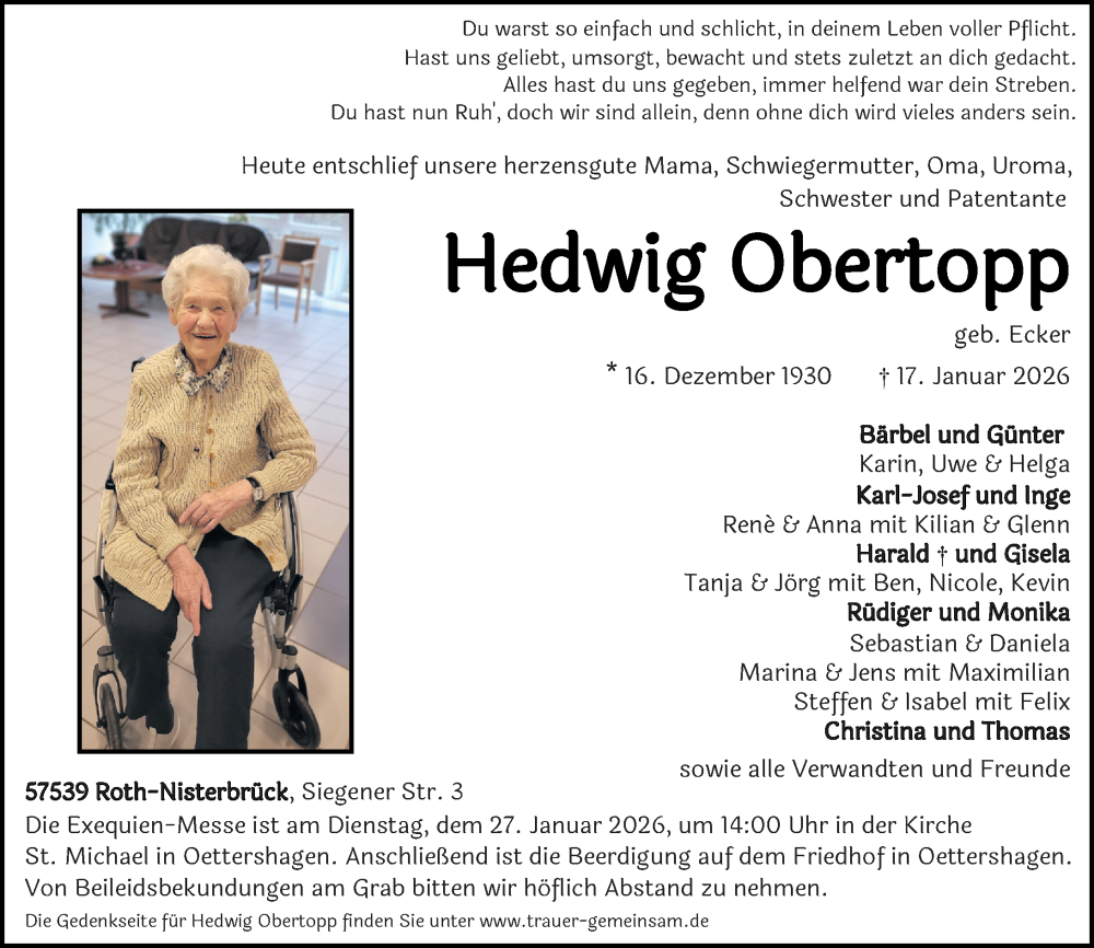  Traueranzeige für Hedwig Obertopp vom 24.01.2026 aus Rhein-Zeitung