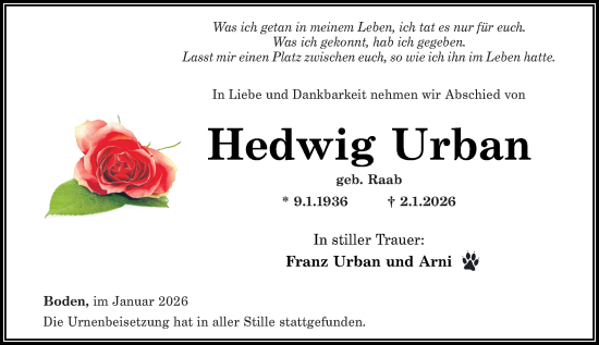 Traueranzeige von Hedwig Urban von Westerwälder Zeitung
