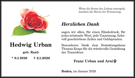Traueranzeige von Hedwig Urban von Westerwälder Zeitung