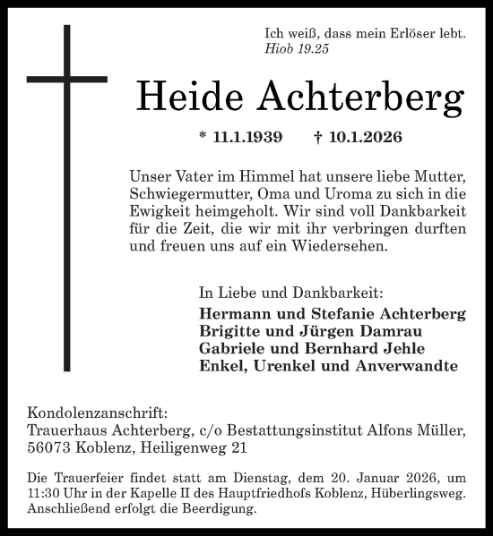 Traueranzeige von Heide Achterberg von Rhein-Zeitung
