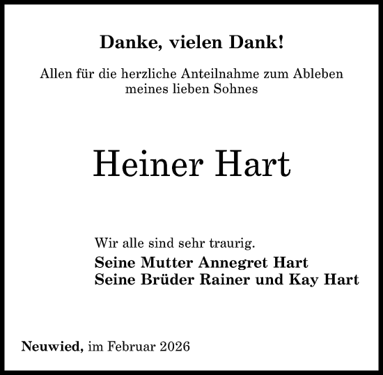 Traueranzeige von Heiner Hart von Rhein-Zeitung