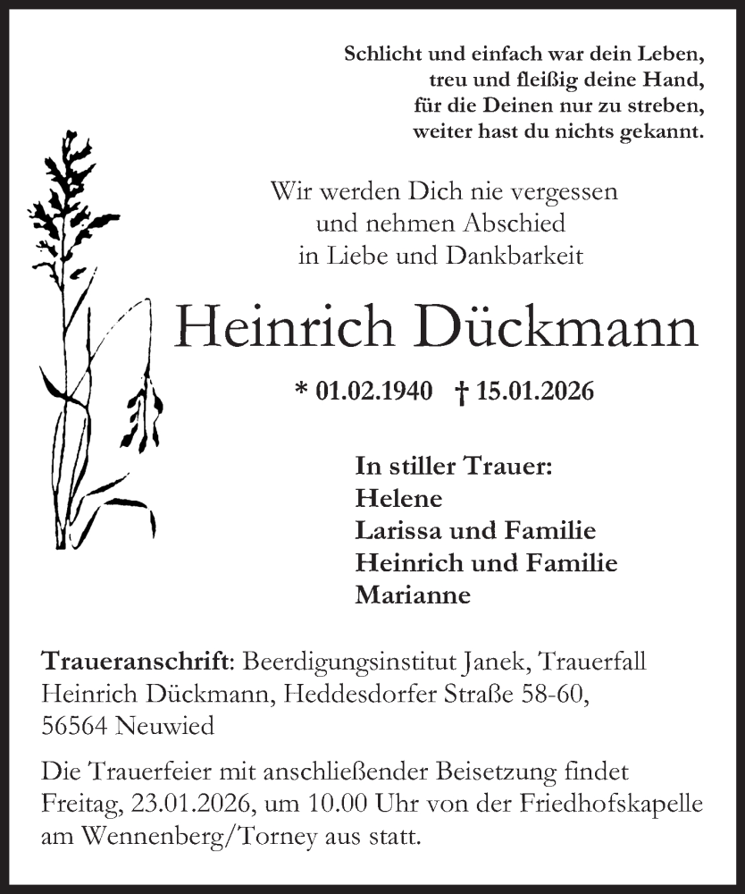  Traueranzeige für Heinrich Dückmann vom 21.01.2026 aus Rhein-Zeitung