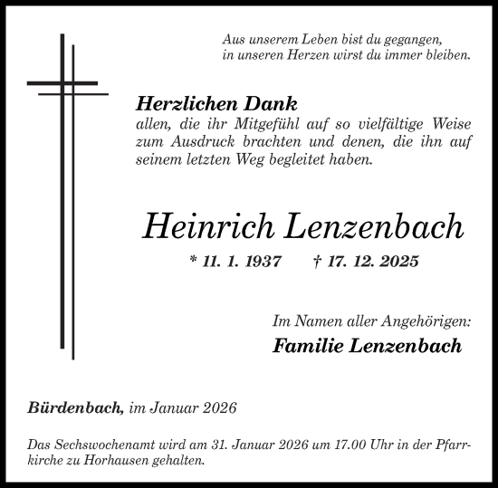 Traueranzeige von Heinrich Lenzenbach von Rhein-Zeitung