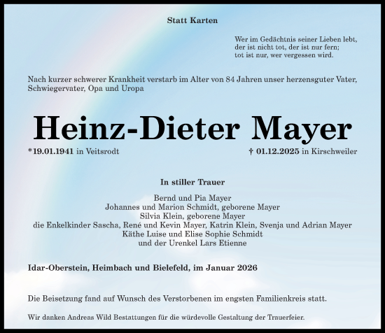Traueranzeige von Heinz-Dieter Mayer von Nahe-Zeitung