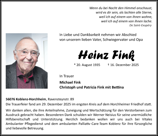 Traueranzeige von Heinz Fink von Rhein-Zeitung