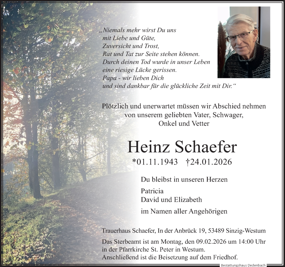  Traueranzeige für Heinz Schaefer vom 31.01.2026 aus Rhein-Zeitung