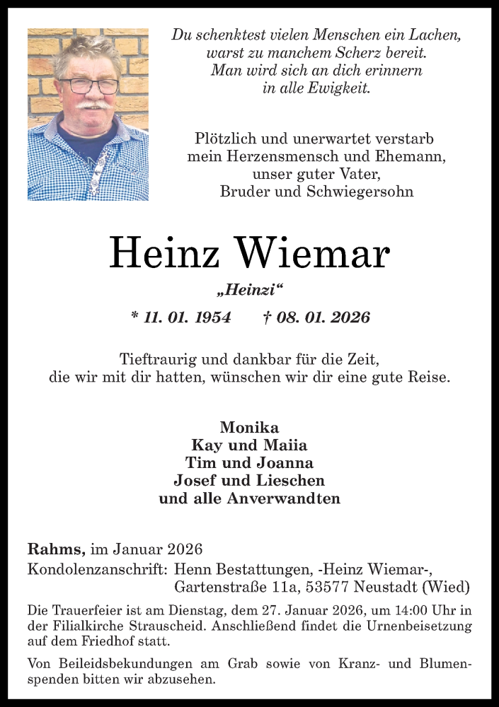  Traueranzeige für Heinz Wiemar vom 17.01.2026 aus Rhein-Zeitung