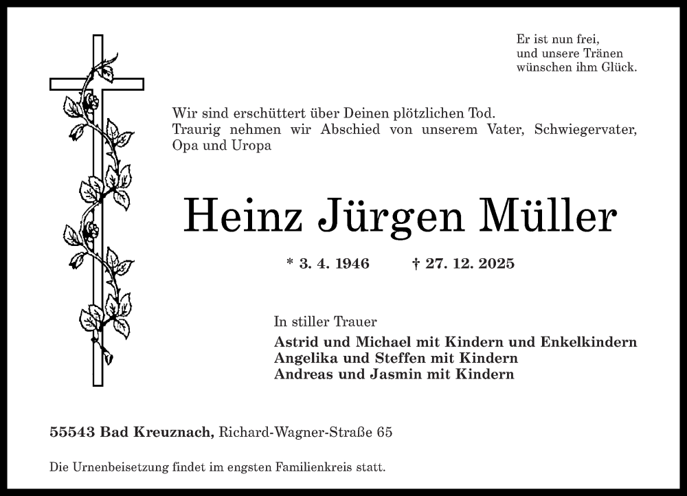  Traueranzeige für Heinz Jürgen Müller vom 17.01.2026 aus Oeffentlicher Anzeiger
