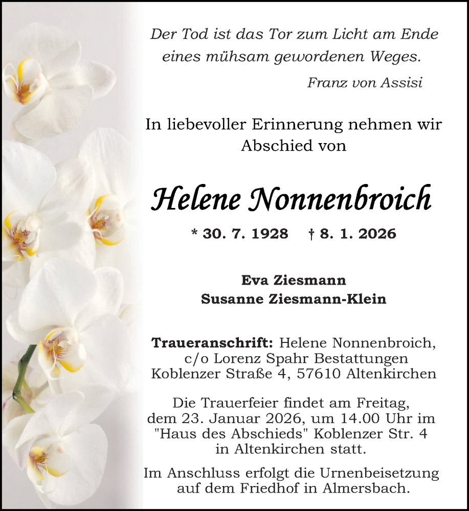  Traueranzeige für Helene Nonnenbroich vom 17.01.2026 aus Rhein-Zeitung