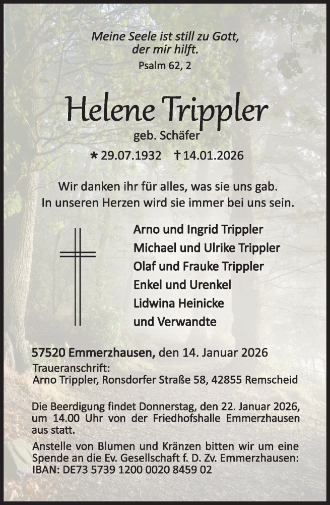  Traueranzeige für Helene Trippler vom 17.01.2026 aus Rhein-Zeitung