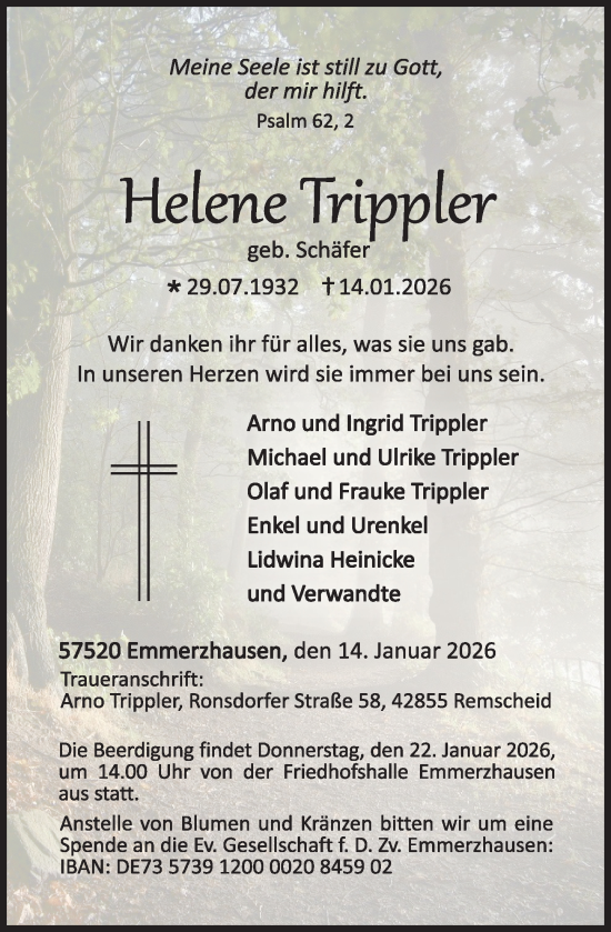 Traueranzeige von Helene Trippler von Rhein-Zeitung