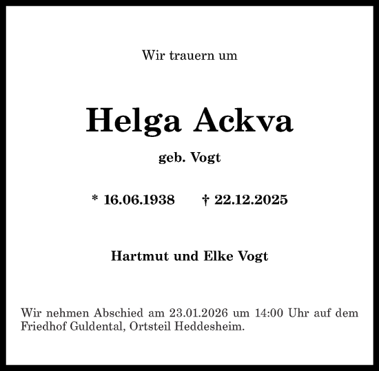 Traueranzeige von Helga Ackva von Oeffentlicher Anzeiger