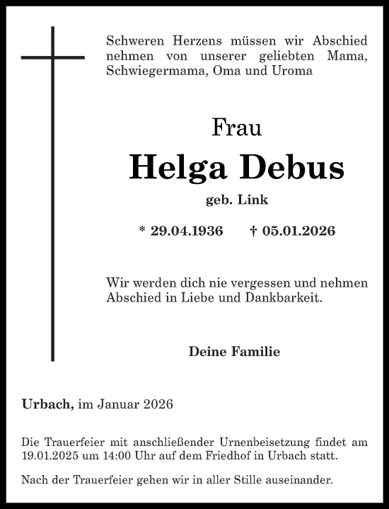 Traueranzeige von Helga Debus von Rhein-Zeitung