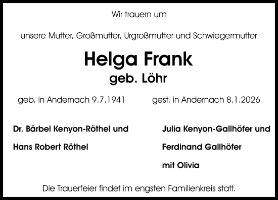 Traueranzeige von Helga Frank von Rhein-Zeitung