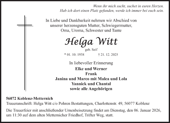 Traueranzeige von Helga Witt von Rhein-Zeitung