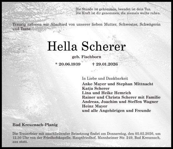 Traueranzeige von Hella Scherer von Oeffentlicher Anzeiger