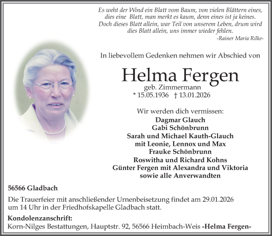 Traueranzeige von Helma Fergen von Rhein-Zeitung