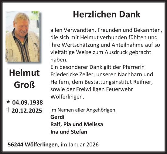 Traueranzeige von Helmut Groß von Westerwälder Zeitung