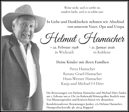 Traueranzeige von Helmut Hamacher von Rhein-Zeitung