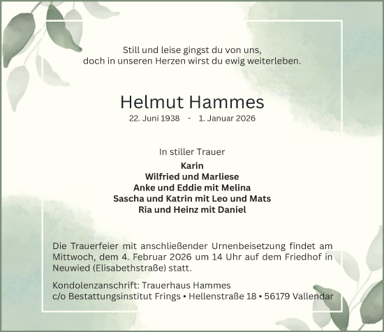 Traueranzeige von Helmut Hammes von Rhein-Zeitung