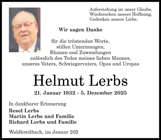 Traueranzeige von Helmut Lerbs von Rhein-Zeitung