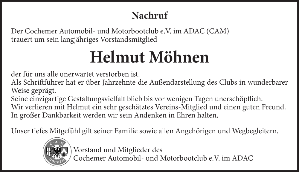 Traueranzeige für Helmut Möhnen vom 17.01.2026 aus Rhein-Zeitung