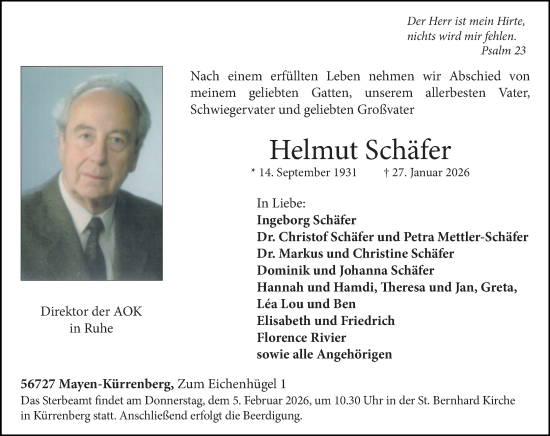 Traueranzeige von Helmut Schäfer von Rhein-Zeitung