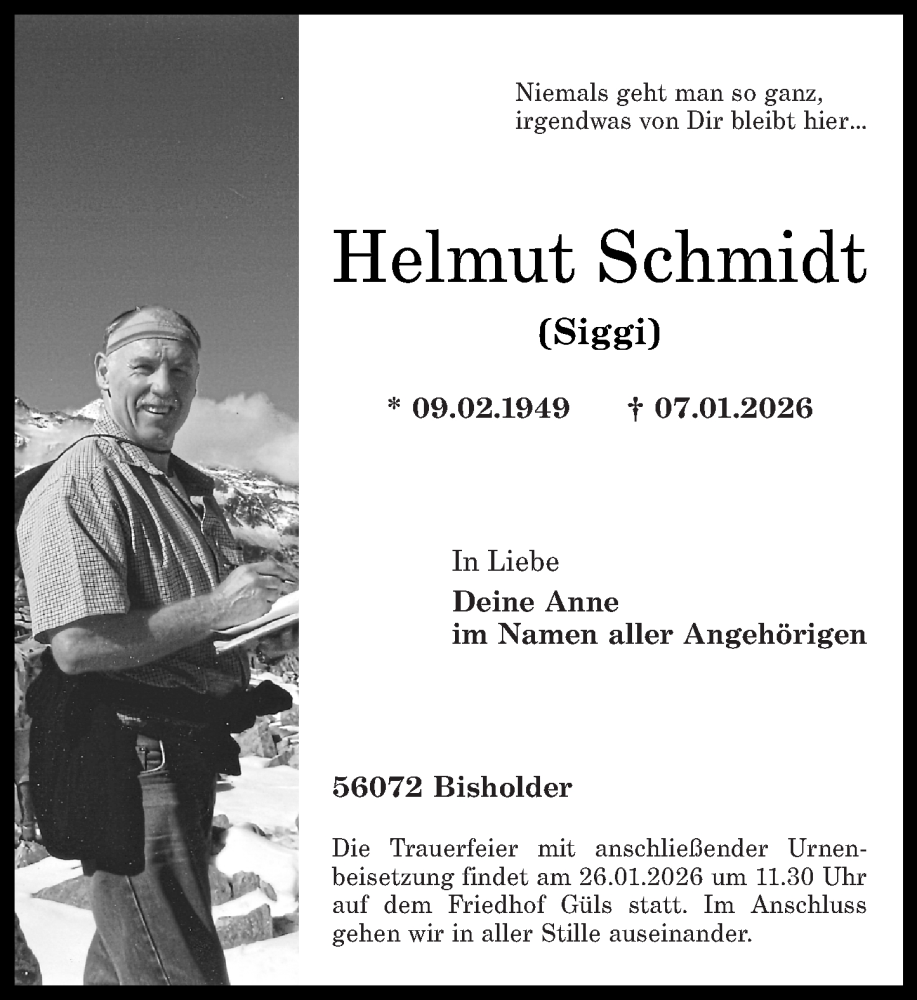  Traueranzeige für Helmut Schmidt vom 24.01.2026 aus Rhein-Zeitung