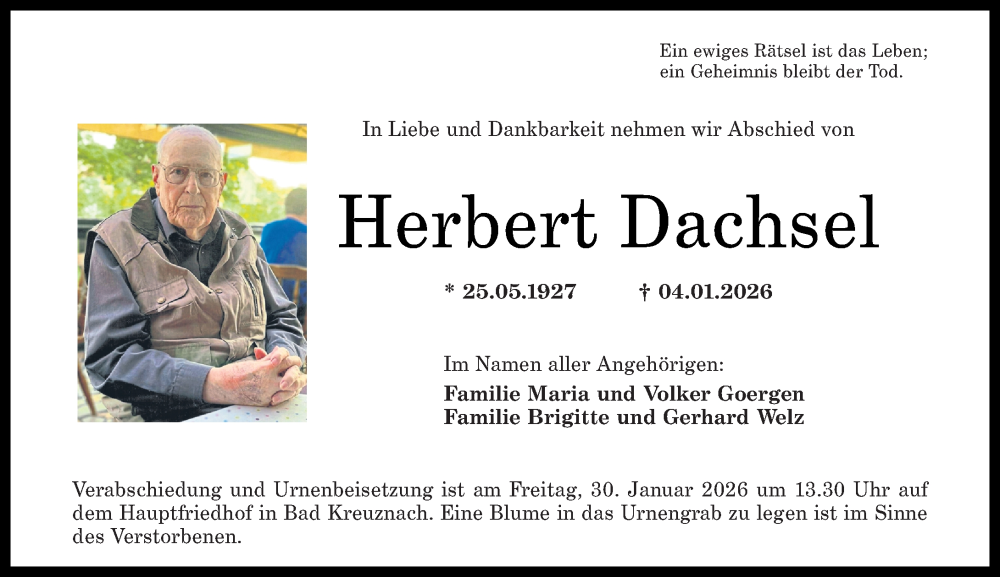  Traueranzeige für Herbert Dachsel vom 24.01.2026 aus Oeffentlicher Anzeiger