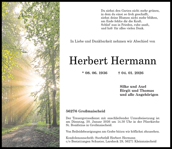 Traueranzeige von Herbert Hermann von Rhein-Zeitung