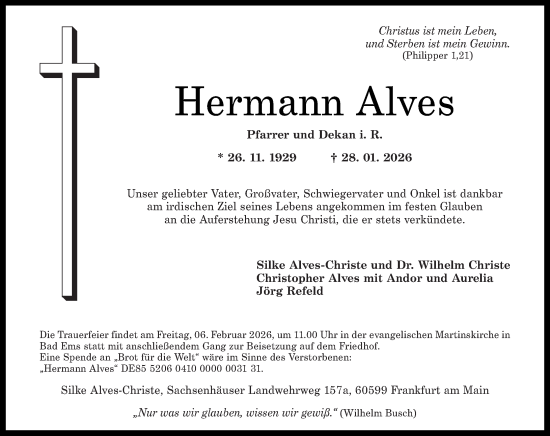 Traueranzeige von Hermann Alves von Rhein-Lahn-Zeitung