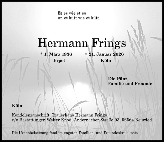 Traueranzeige von Hermann Frings von Rhein-Zeitung