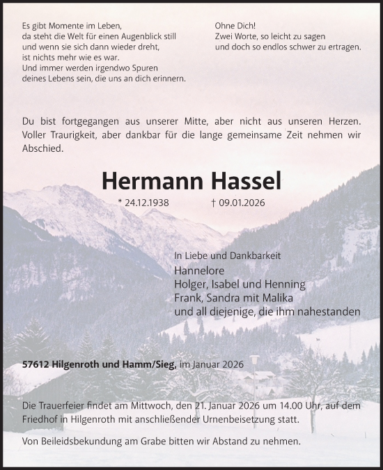 Traueranzeige von Hermann Hassel von Rhein-Zeitung