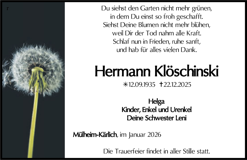  Traueranzeige für Hermann Klöschinski vom 17.01.2026 aus Rhein-Zeitung