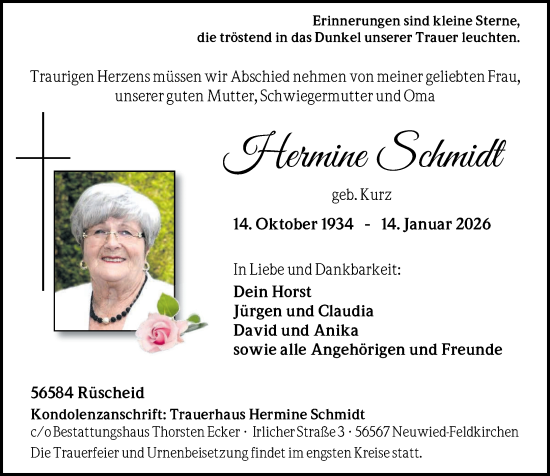 Traueranzeige von Hermine Schmidt von Rhein-Zeitung