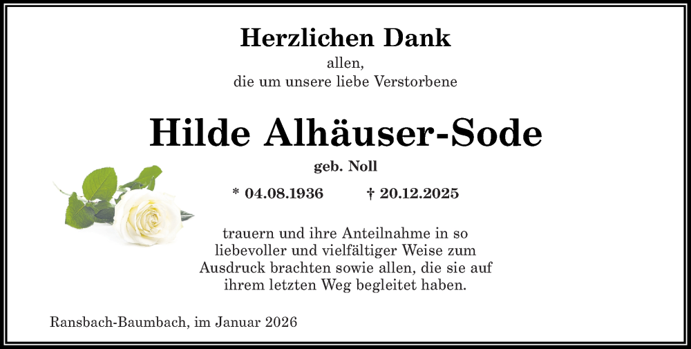 Traueranzeige für Hilde Alhäuser-Sode vom 24.01.2026 aus Westerwälder Zeitung