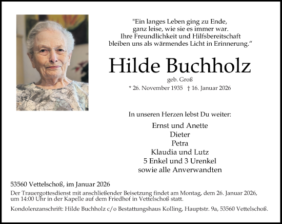Traueranzeige von Hilde Buchholz von Rhein-Zeitung