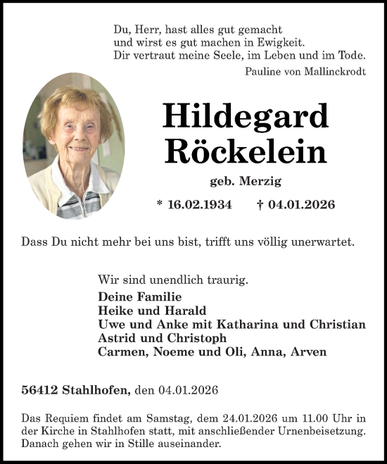 Traueranzeige von Hildegard Röckelein von Westerwälder Zeitung