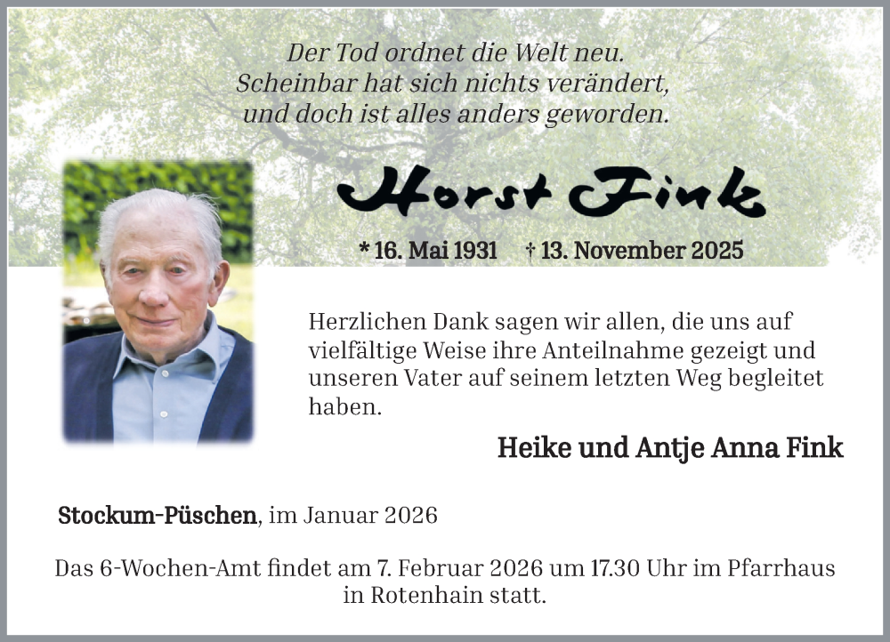  Traueranzeige für Horst Fink vom 31.01.2026 aus Westerwälder Zeitung