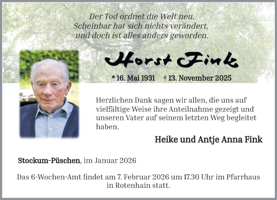 Traueranzeige von Horst Fink von Westerwälder Zeitung