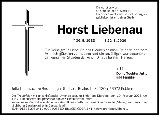 Traueranzeige von Horst Liebenau von Rhein-Zeitung