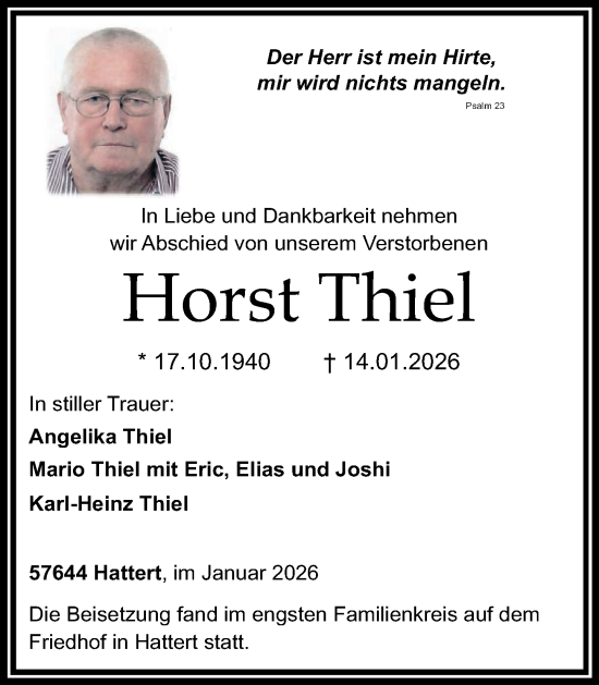 Traueranzeige von Horst Thiel von Westerwälder Zeitung