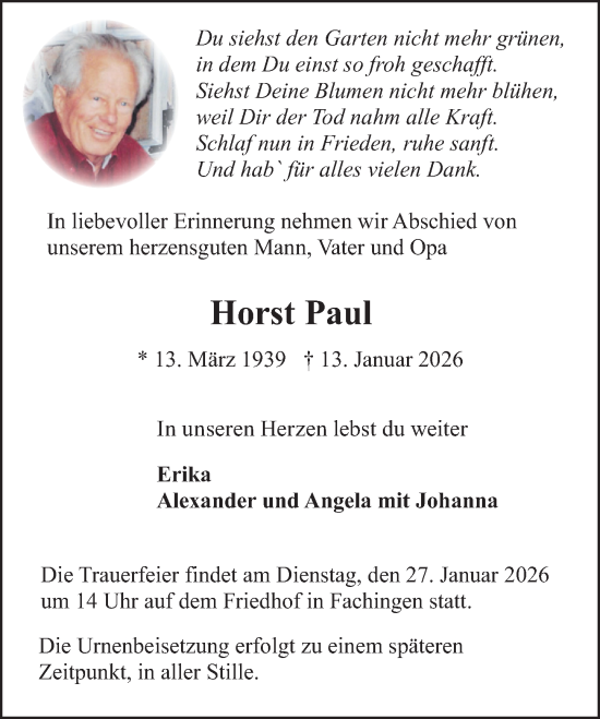 Traueranzeige von Horst Paul Paul von Rhein-Lahn-Zeitung