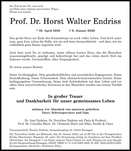 Traueranzeige von Horst Walter Endriss von Rhein-Zeitung