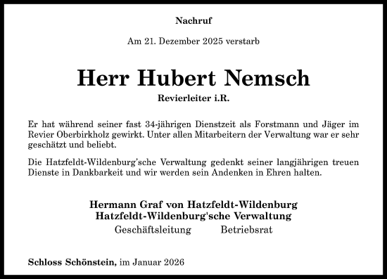 Traueranzeige von Hubert Nemsch von Rhein-Zeitung
