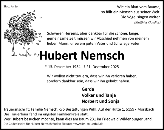 Traueranzeige von Hubert Nemsch von Rhein-Zeitung