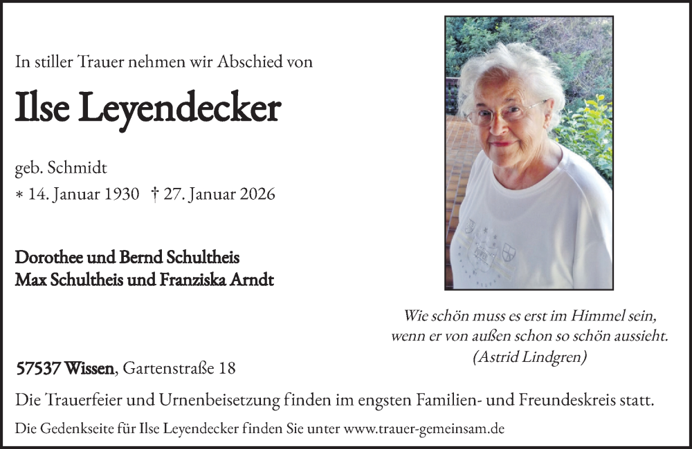  Traueranzeige für Ilse Leyendecker vom 31.01.2026 aus Rhein-Zeitung