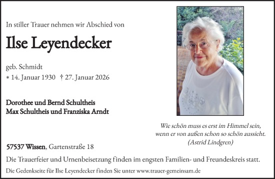 Traueranzeige von Ilse Leyendecker von Rhein-Zeitung